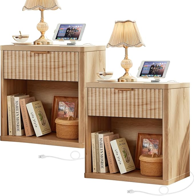 LEYAOYAO Fluted Farmhouse Nightstand Set of 2 with Charging Station, 23" Wide 1 Drawers End Table,Natural Dresser for Bedroom,Bed Side Table Chest of Drawers Cabinet,Wood Night Stand for Living Room