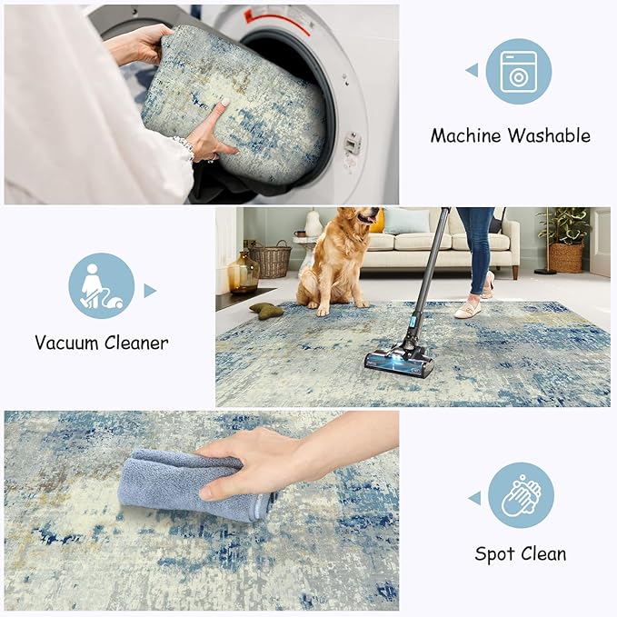 Lahome Modern Abstract Living Room Rug, Washable 8x10 Area Rugs for Bedroom Stain Resistant Non Slip, Large Blue Soft Indoor Carpet for Dining Room Table Apartment, Blue/Grey