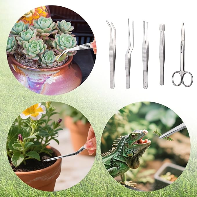 5pcs Plant Tweezers and Scissors, Long Stainless Steel Garden Bend Tongs Set with Straight Curved Flat Point Tip Multiple-Use Gardening Tools for Bonsai Reptile Feeding Kitchen Use