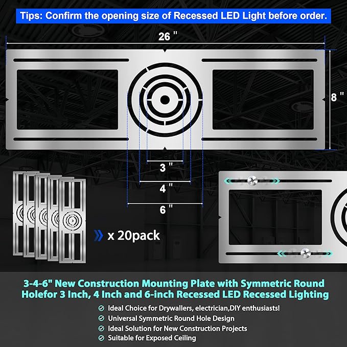 New Construction Mounting Plate, 3-4-6 Inch, LED Recessed Lighting Housing Kits for remodeling, Basement remodeling, Hanging Ceiling and LED Lighting, Shallow Recessed Lighting Housing Plate,20PC