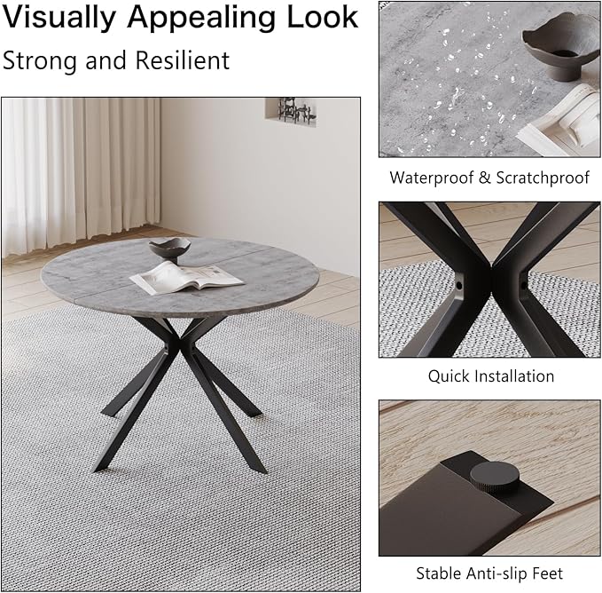 46.4" Round Dining Table, Mid Century Modern Round Dining Room Table for 4-6 with Metal Legs, Easy Assembly Coffee Table, Space-Saving Design for Kitchen and Dining Room