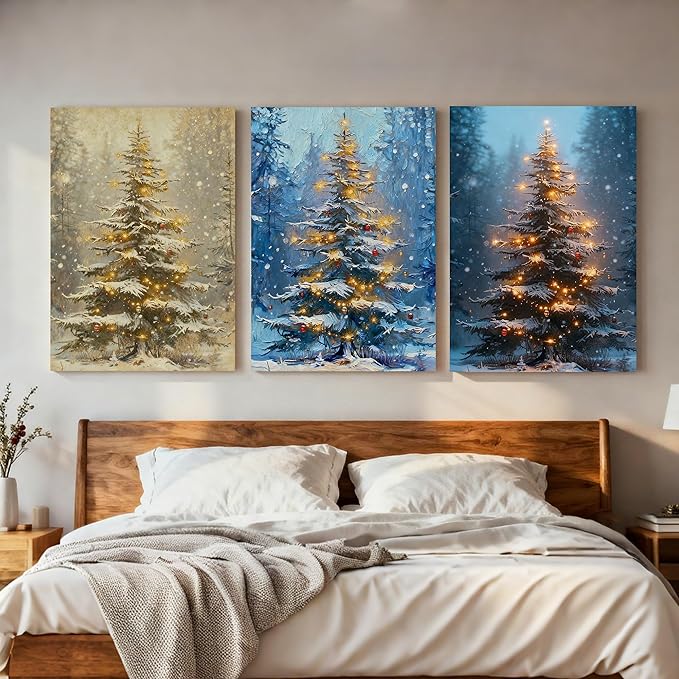 Framed Christmas Pictures Wall Decor,Vintage Pine Tree Prints,Winter Christmas Canvas Wall Art Decoration for Bedroom Bathroom Living Room Rustic Xmas Holiday Gifts (Christmas Tree 1, 16'' X 24'')