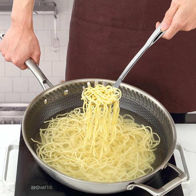 Pleafind Spaghetti Spoon and Spaghetti Tong 2-Piece Set, 13-Inch Non-Stick Spaghetti Fork and 11.4-Inch Kitchen Tong, Easy Storage and Cleanup, Ergonomic Design, Stainless Steel
