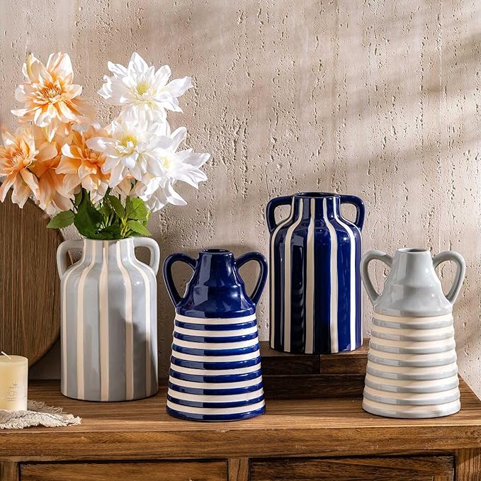 Ceramic Blue and White Checkered Stripes Vase with Handles, Modern Bohemian Floral Navy Blue Vases for Centerpieces, Cottage Core Home Decor, Flower Vases for Bouquet Tabletop Kitchen Bookshelf 8.9 In