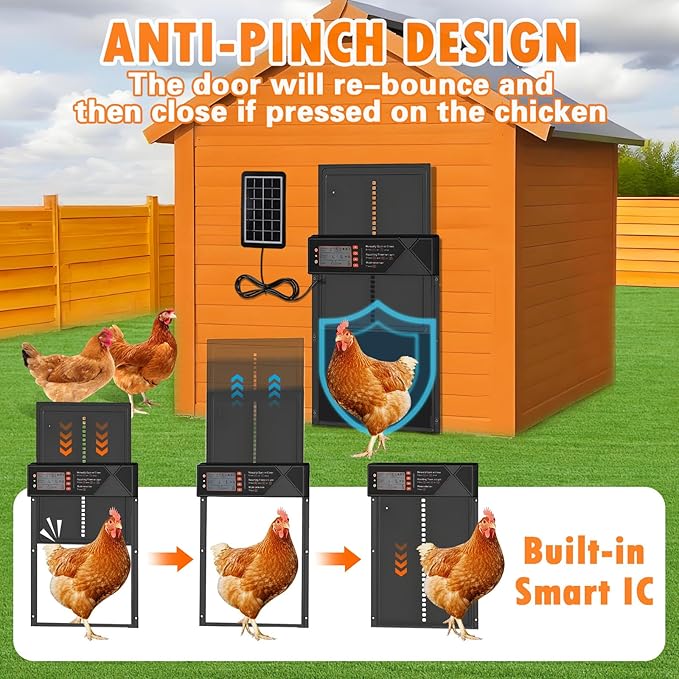 Automatic Chicken Coop Door Solar Powered, Aluminum Alloy Automatic Chicken Door with Large Size, 4 Modes, Timer & Light Sensor, Anti-Pinch Safety Design, LCD Display, Remote Control, Weatherproof