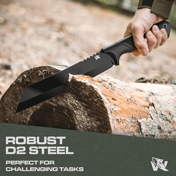 ODENWOLF W Machete - Survival Machete Full Tang with Sheath - Strong D2 Steel Knife Machete for Cutting Trees, for Yard Work, and for Bushcrafting and Big Tactical Knife with TPE-Handle