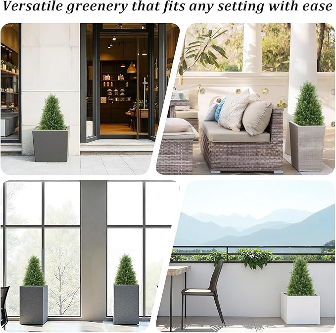 Artificial Cedar Topiary Trees Set of 2, 30'' UV Resistant Faux Cypress Pine Plants Outdoor, 2.5ft Large Realistic Faux Evergreen Cone Bushes & Shrubs for Front Porch Planter Christmas Decor