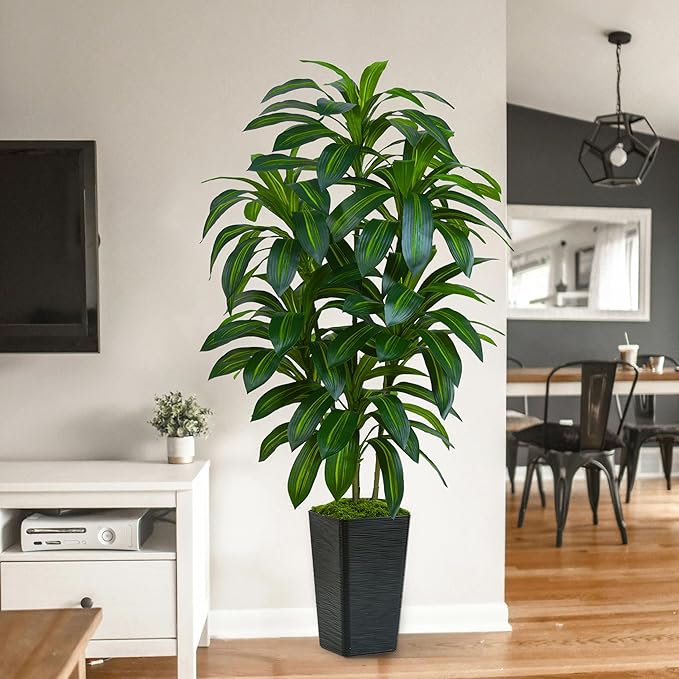 Artificial Dracaena Plant 6FT Tall - Fake Tree with Black Planter - Faux Yucca Tall Fake Floor Plant in Pot - Artificial Trees for Home Bedroom Office Indoor Living Room Decoration