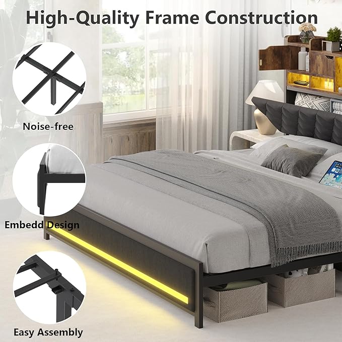 King Bed Frame with Upholstered Headboard, Bed Frame King Size with Hidden Storage,3-Tier Storage Shelves, LED Lights and Charging Station, King Bed with Noise-Free, No Box Spring Needed, Gray