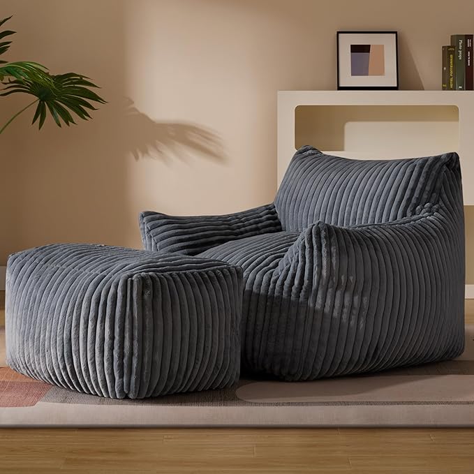 Oversized Bean Bag Chaise Lounge Chair Indoor for Adults with Armrests & Ottoman - Giant Comfy Gray Beanbag Floor Sofa Cloud Accent Chair for Reading, Gaming, Cozy Plush Cloud Mini Couch