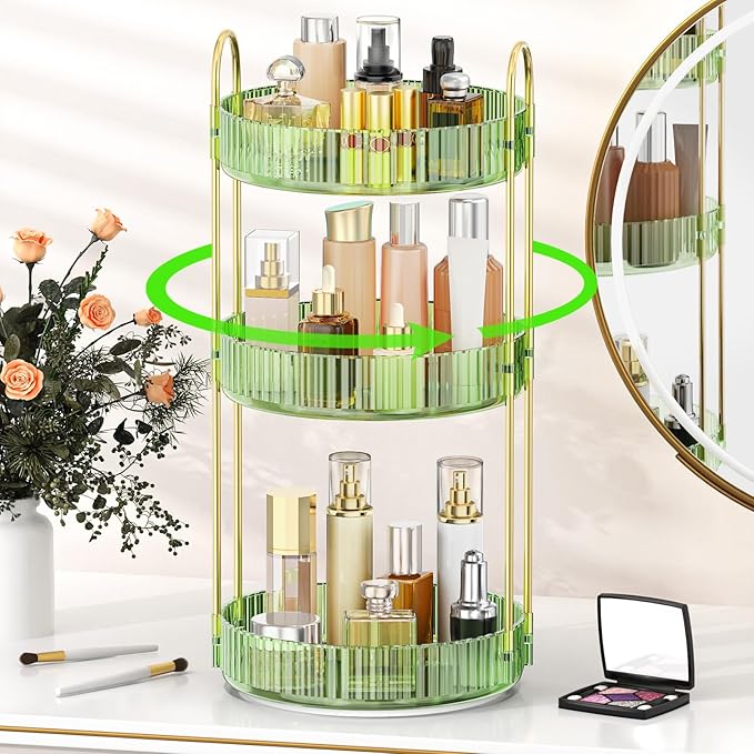 MOKANI 360 Rotating Makeup Organizer for Vanity, 3 Tier Adjustable Perfume Organizer for Dresser, Multi-Function Spinning Cosmetics Skincare Storage for Bedroom, Dresser, Countertop, Green