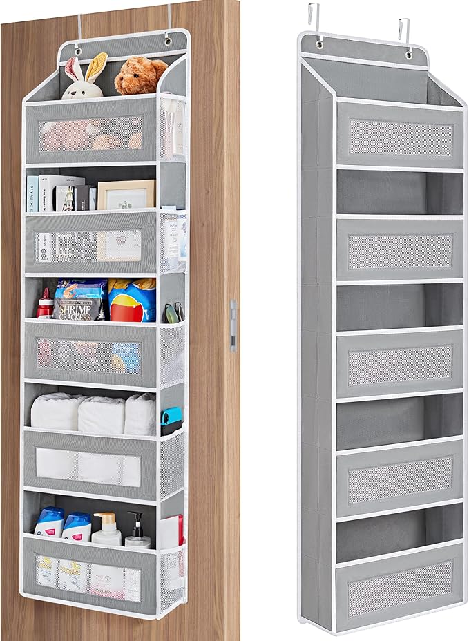 JARLINK Over The Door Organizer Storage, 5 Shelf Hanging Door Organizer with 5 Large Capacity Pockets, Anti Tilt 44 lb Load Behind Door Storage for Bedroom, Bathroom, Pantry, Nursery, (Grey)