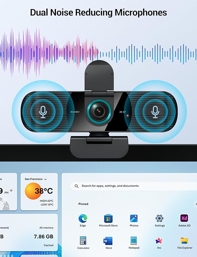 RUWBY QHD 2K Webcam with Built-in Dual Mics, Wide-Angle Lens, Privacy Cover, Tripod Stand, Autofocus Computer Camera, Plug and Play for Desktop PC or Laptop