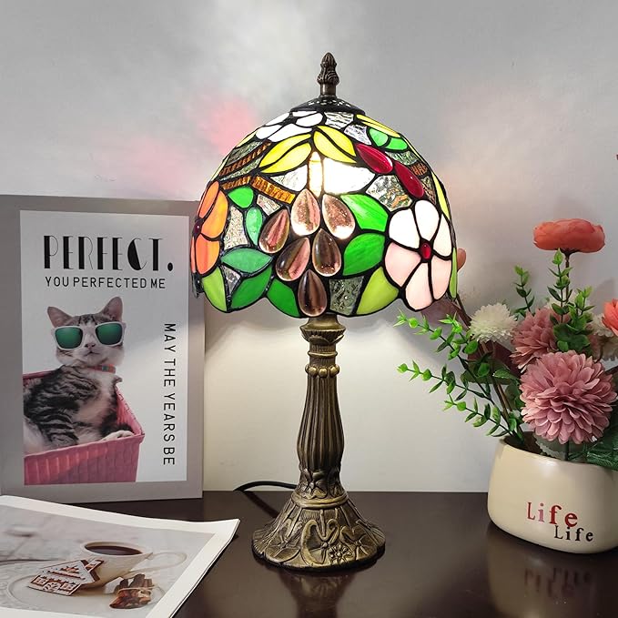 Tiffany Table Lamp 3-Way Tiffany Style Desk Lamp Small Stained Glass Lamp Antique Light Home Bedroom Bedside Lamp Retro Reading Decoration Lamps (Grapes Flowers Style)