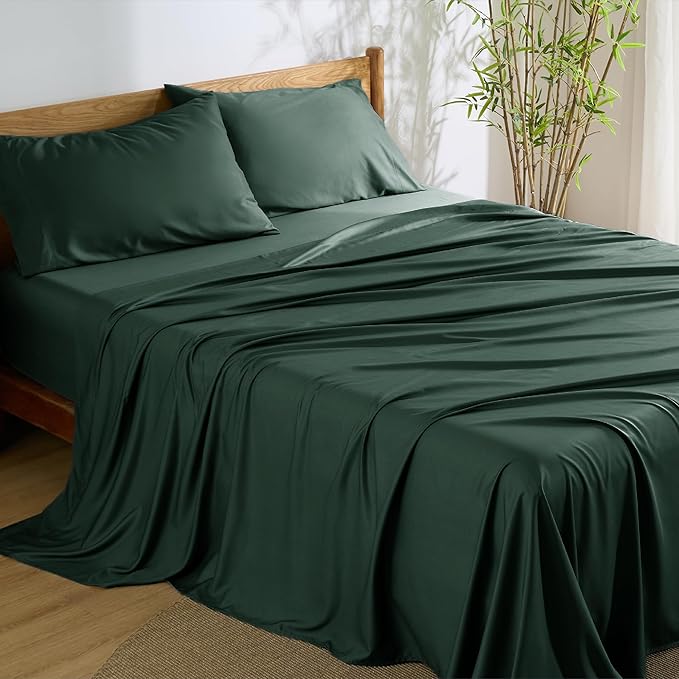 Bedsure Full Size Bed Sheets, Cooling Sheets, Rayon Derived from Bamboo, Breathable & Soft, Deep Pocket Up to 16 Inches, Hotel Luxury Silky Bedding for Hot Sleepers, Forest Green