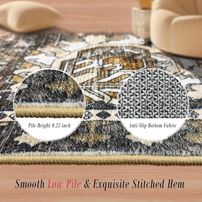 RUGSURE Washable Area Rugs - Perfect for Living Room, Bedroom, Kids Room, Nursery - Stain & Water Resistant Non-Slip, Pet & Child Friendly, Vintage Tribal Area Rugs (Ivory, 6' x 9')