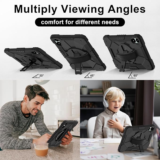 for Xiaomi Redmi Pad Pro 12.1/Xiaomi Poco Pad 12.1 Case with with Kickstand/Hand Strap/Rotating/Shoulder Strap (Black/Black)