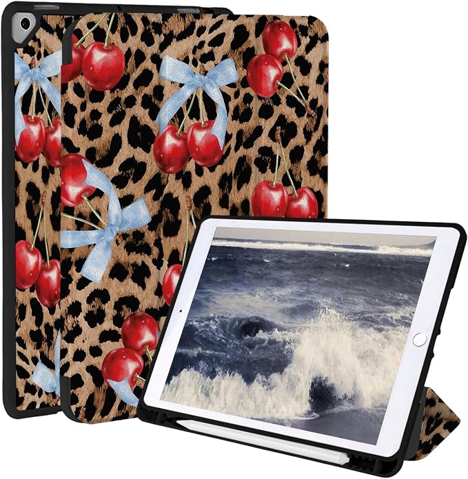 Case for iPad 9th/ 8th/ 7th Generation Case 10.2&amp10.5 Inch (2021/2020/2019 Release) Slim Lightweight Soft Trifold Back Cover with Pencil Holder &amp Auto Sleep/Wake Cover Cherries Cheetah Bows