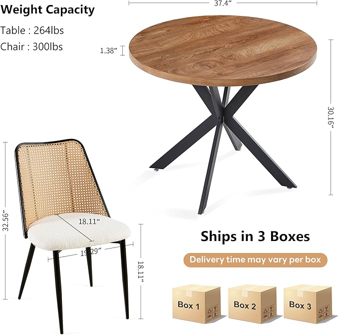NORDICANA 3-Piece Wooden Dining Set, Space-Saving Round Table & Chair Set for Kitchen, Breakfast Nook, Rattan Wicker Dining Chairs with Boucle Seats - Beige