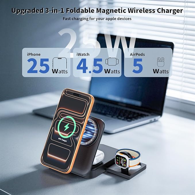 3 in 1 Wireless Charger Stand 25W Foldable Wireless Charging Station for Apple Multiple Devices Fast Magnetic Charger with 6FT USB C Cable for iPhone 17 16 15 14 13 12 Series/Apple Watch/AirPods Pro
