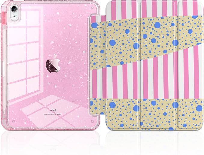 MEEgoodo Case for iPad A16 11th Generation 2025/10th Generation 2022 Glitter Tablet Cases with Transparent Acrylic Back+Trifold Stand +Pencil Holder+Auto Wake/SleepAbstract Sun &amp Palm Tree