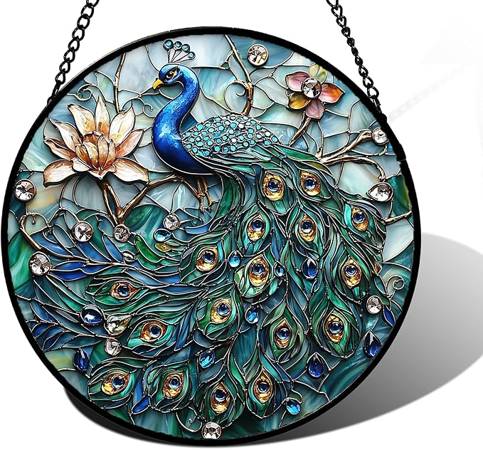 Stained Glass Window Hanging, Blue Peacock Decoration Suncatcher for Door Garden Home Flower Bird Sun Catchers Christmas Mother's Day Birthday Gifts for Women Men Mom Nana Friend 9.8 in