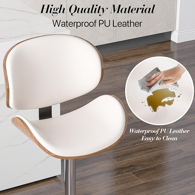 Adjustable Swivel Bar Stools Set of 2, Modern Bentwood Barstool with Large Metal Base and Footrest, PU Leather Upholstered Bar Chair with Curved Back for Kitchen Island Dining Room, White
