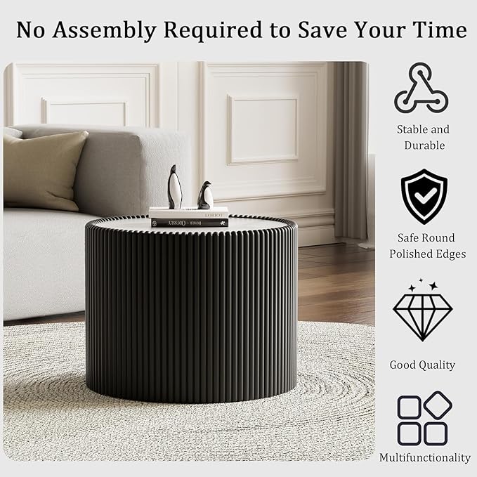 Round Coffee Table Set with Sintered Stone Tabletop, 29.52" White Drum Center Table and 17.71" Black Coffee Table Set, 2 Pieces Living Room Table Set with Fluted PU Leather Cover& Stable Base