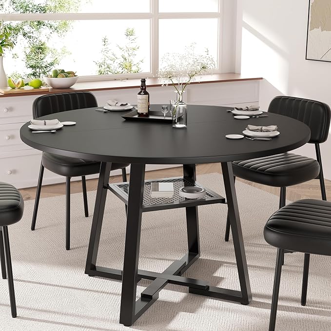 Round Dining Table for 4-6 People,47 Inch Dining Room Table,Modern Circle Kitchen Table with Storage Shelf and Metal Legs for Dining Room,Kitchen,Black (Table Only)