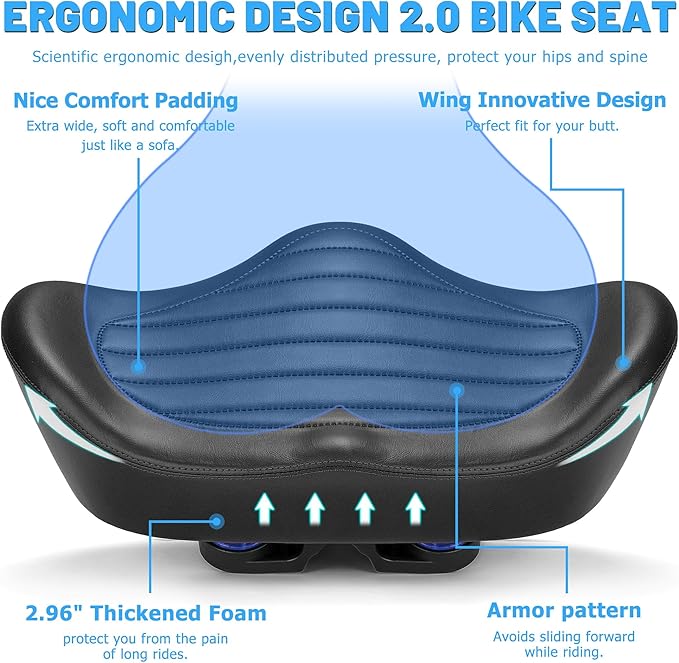 Noseless Oversized Bike Seat for Men Women Comfort, Extra Wide Padded Bicycle Seat Cushion, Large Comfortable Bike Saddle for Peloton, Stationary Exercise Bike, Beach Cruiser, City Bike, Ebike