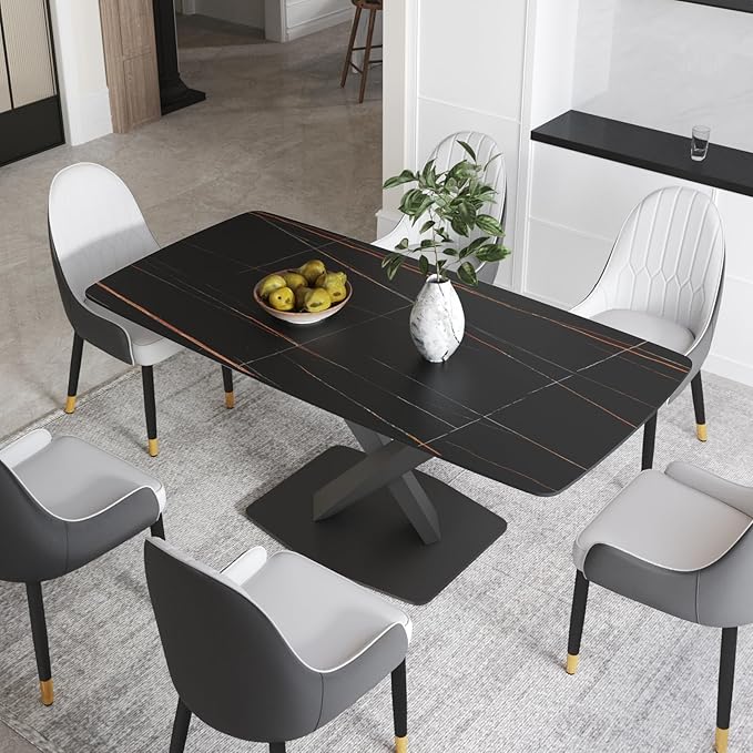 Modern Rectangle Marble Dining Table for 6,63" Black Marble Sintered Stone Top Dining Table,Rectangle Marble Dining Room Table with X-Shape Carbon Steel Pedestal for Kitchen/Living Room(Table Only)