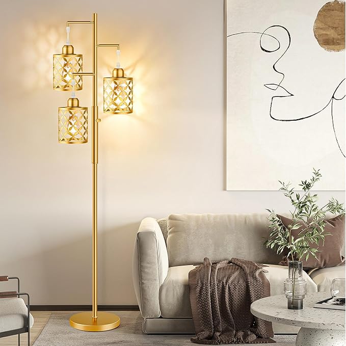 68" Dimmable Floor Lamp, Modern Standing Lamp with Elegant Metal Cage, Industrial Tall Tree Floor Lamps for Living Room, Bedroom, Study Room, Office (2000LM LED Bulbs Included) - Gold