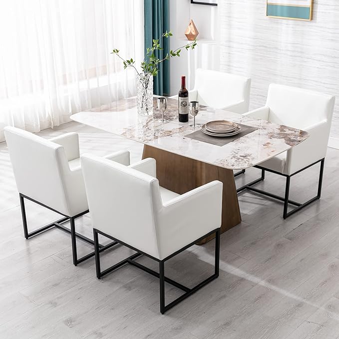 Set of 6 Upholstered Dining Chairs with Armrest, PU Leather Modern Accent Armchairs, Kitchen & Dining Room Chairs Side Chairs, White