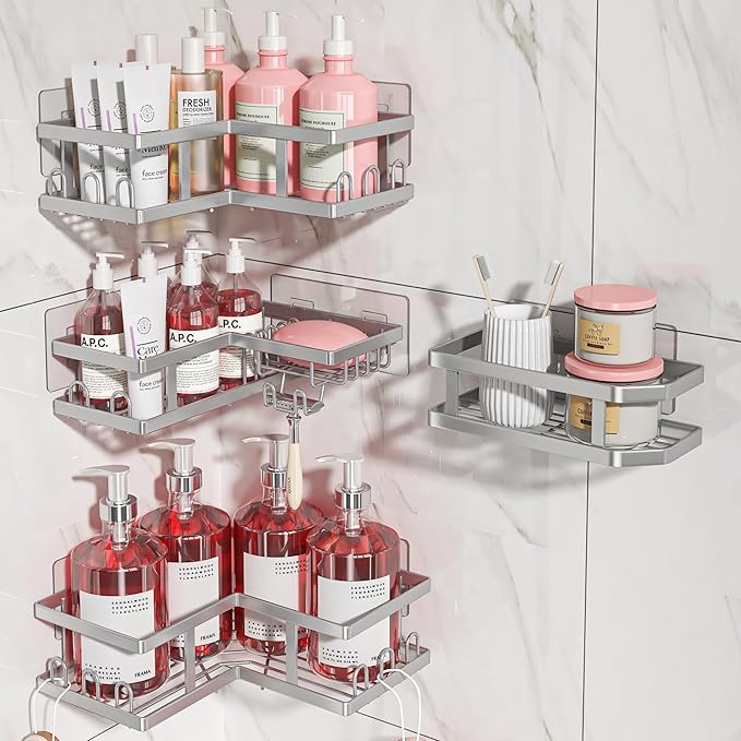 4-Pack Adhesive Corner Shower Caddy with Soap Holder, No Drilling Wall Mounted Shower Shelves-Rustproof, Organizer for Bathroom, Kitchen & Home Decor. Silver