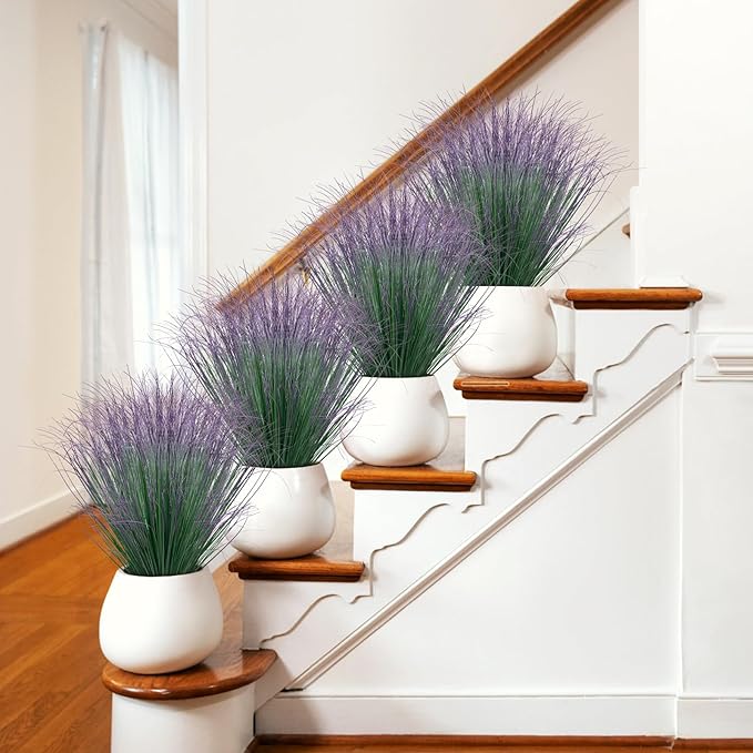48Pcs Artificial Grass Plants, Faux Shrubs Wheat Grass, Artificial Tall Grass Fake Plants for Outdoor Decor,Artificial Greenery Stems Weed for Room Indoor Home Decor（Green Purple Tail）