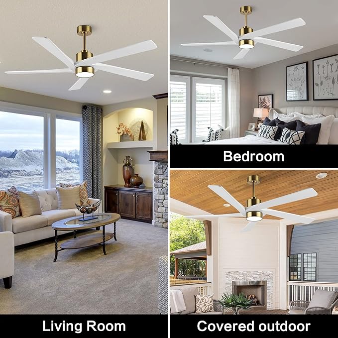 WINGBO 64 Inch DC Ceiling Fan with Lights and Remote Control, 5 Reversible Carved Wood Blades, 6-Speed Noiseless DC Motor, Modern Ceiling Fan in Brass Finish with White Blades, ETL Listed
