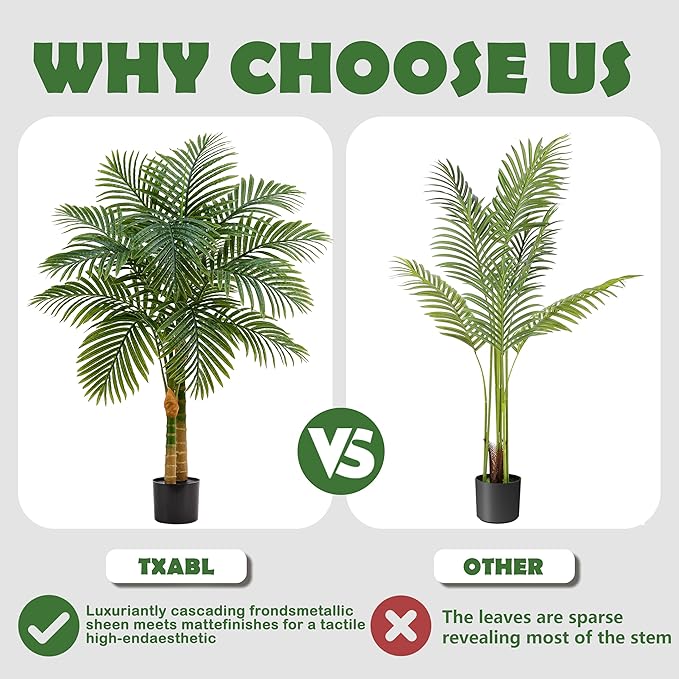 2PCS Artificial Palm Tree Indoor Plant 4FT Tall Fake Tropical Palm Tree in Pot with Real Bark Design Faux Areca Palm Tree for Home Office Living Room Bedroom Farmhouse Outdoor Decor (Black, 4FT-2PCs)