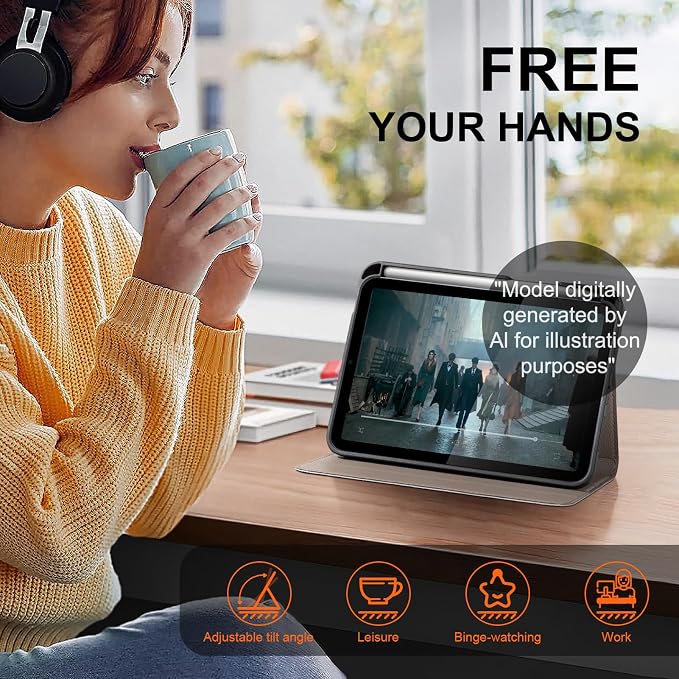 Case for iPad Mini7(A17 Pro) 2024/6th 2021 8.3 with Pencil Holder | Leather Protective Shockproof Smart Cover Adjustable Stand Auto Wake/Sleep Multiple View Angles Black