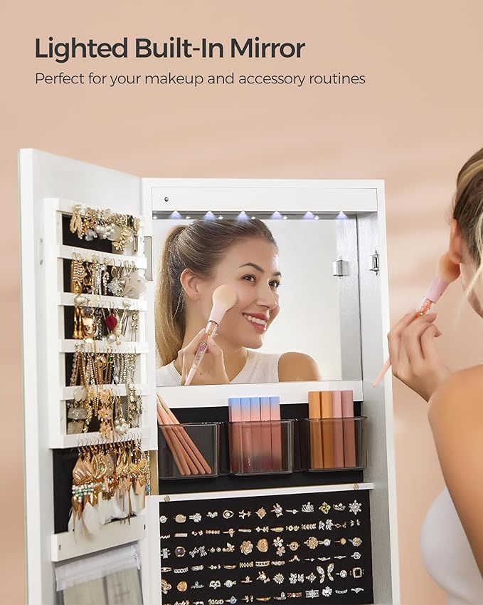 SONGMICS LED Jewelry Cabinet Standing, Lockable Armoire With Full-Length Mirror and Adjustable Lights, Space-Saving Organizer, Gift Idea, Cloud White UJJC008W01