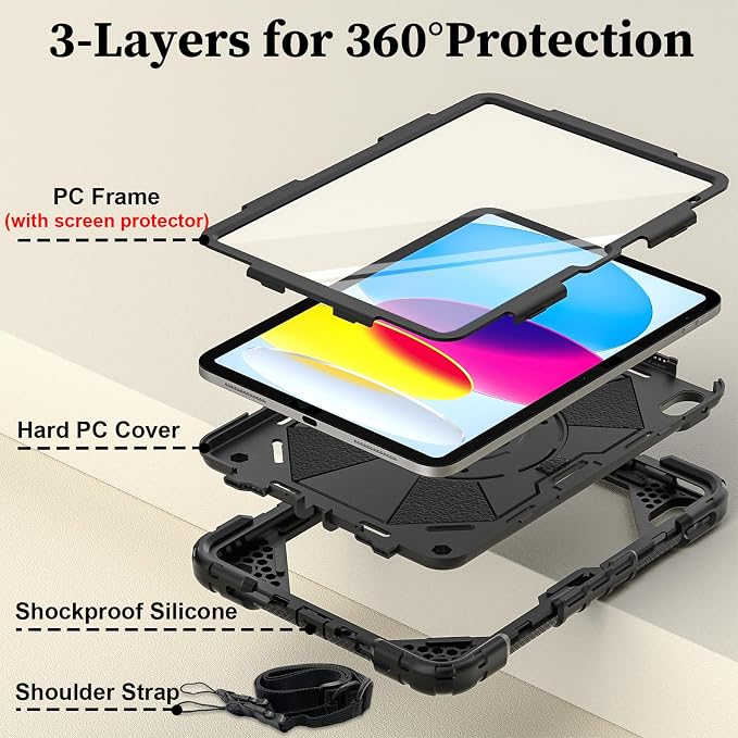 Nitupai Case for iPad 10th Generation 10.9 Inch 2022 / iPad A16 Case 11 Inch 2025 with Screen Protector 10th Gen Cover for Kids Pencil Holder 360° Rotating Stand Shoulder Strap Black Black