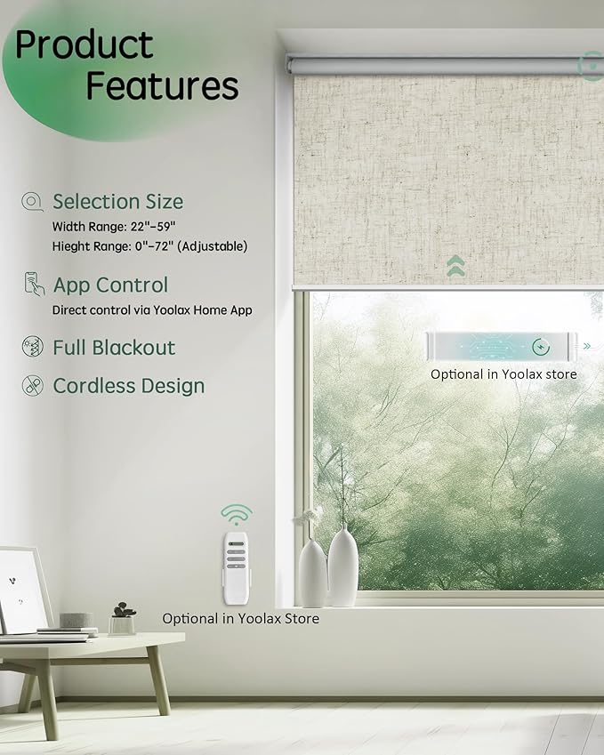 Yoolax Motorized Blinds App Control, Blackout Roller Shades for Windows, Cordless Automatic Shades Roller Window Blinds for Bedroom Living Room Office(Blackout Artisan Beige, 41" W x 72" H)