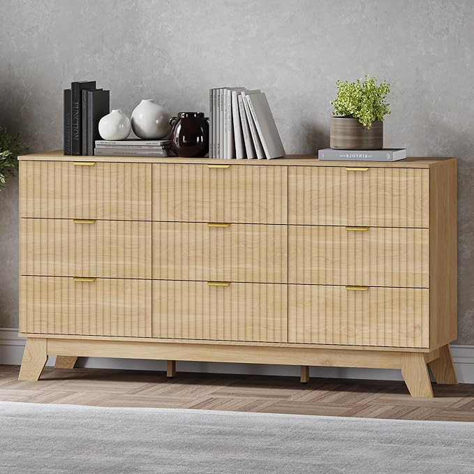 Fluted 9 Drawer Dresser, 57.1" Wide Modern Boho Chest of Drawers, Wooden Storage Dresser TV Stand for Bedroom, Living Room, Closet, Hallway, Curved Profile Design