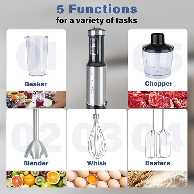 Immersion Blender Handheld, 5 in 1 Hand Blender, 12 Speed Stainless Seel Immersion Blender, Whisk, Chopper, Beaker, Beaters, Christmas Gift, New Year Gift