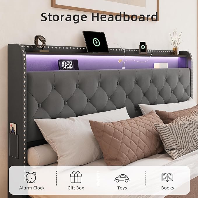 BRELTAM King Size Bed Frame with 4 Storaged Drawers Upholstered Velvet Bed Frame with LED and Charging Station,Platform Bed Frame with Headboard Heavy Duty Wood Slats, Noise Free, Easy Assembly,Grey