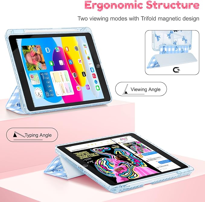 Mektron Sparkly Case for iPad 10.2 inch Glitter Tablet Cases for iPad 9th Gen 2021/8th Gen 2020/7th Gen 2019 Cover with Shiny Clear Back Shell Foldable Bling Smart Cover Blue Floral