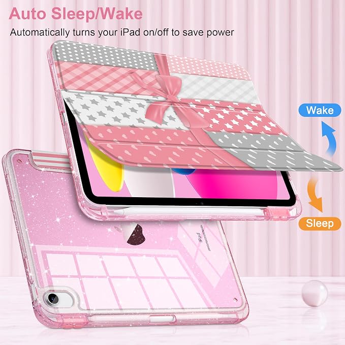 MEEgoodo Case for iPad A16 11th Generation 2025/10th Generation 2022 Glitter Tablet Cases with Transparent Acrylic Back+Trifold Stand +Pencil Holder+Auto Wake/SleepAbstract Sun &amp Palm Tree