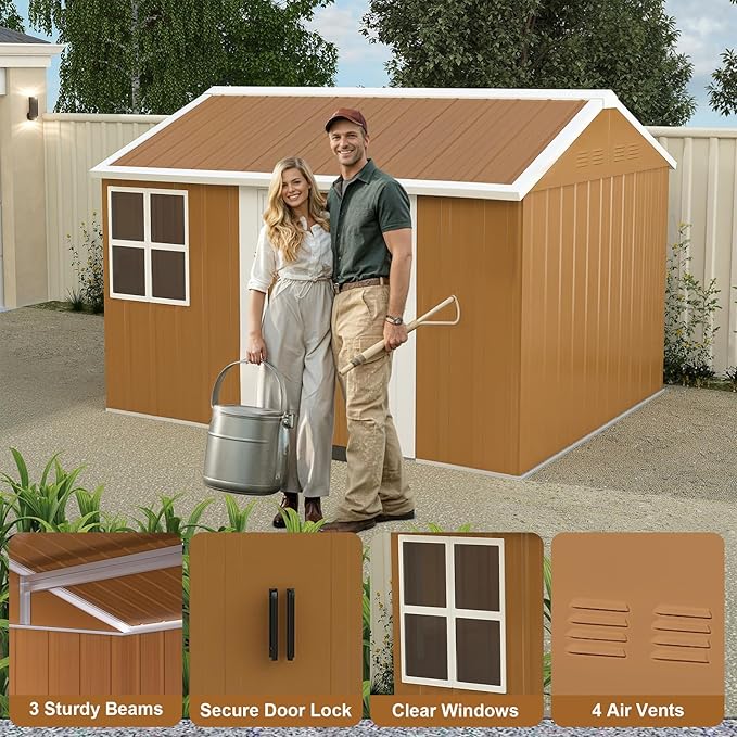 8x10 FT Outdoor Storage Shed, Metal Tool Storage with Updated Frame Structure, Vertical Outside Storage Building, Ventilation, Sloped Roof, Metal Garden Shed for Backyard, Lawn, Patio (8x10 FT)
