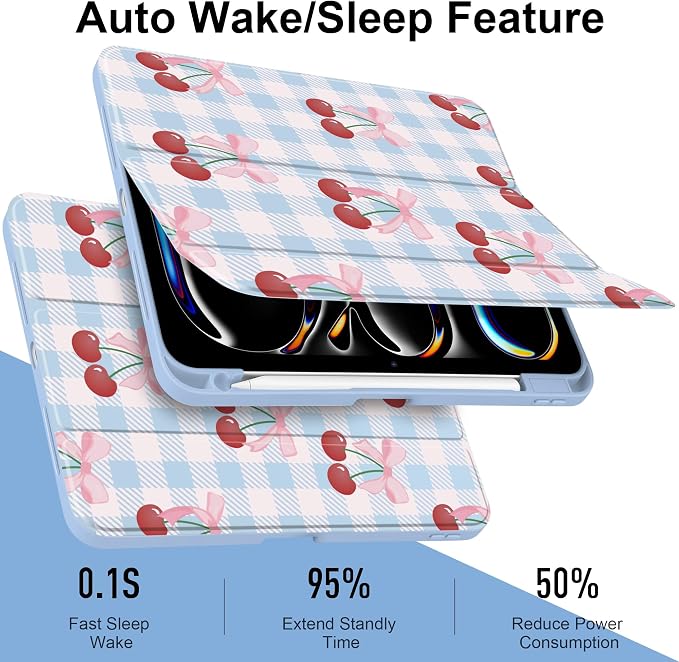 DONGKE for iPad Pro 11-Inch Case (M5 2025 / M4 2024) 6th/5th Generation [Auto Sleep/Wake &amp Pencil Pro Holder] Clear Acrylic Back Smart Trifold Stand Cover Bear &amp Cherry