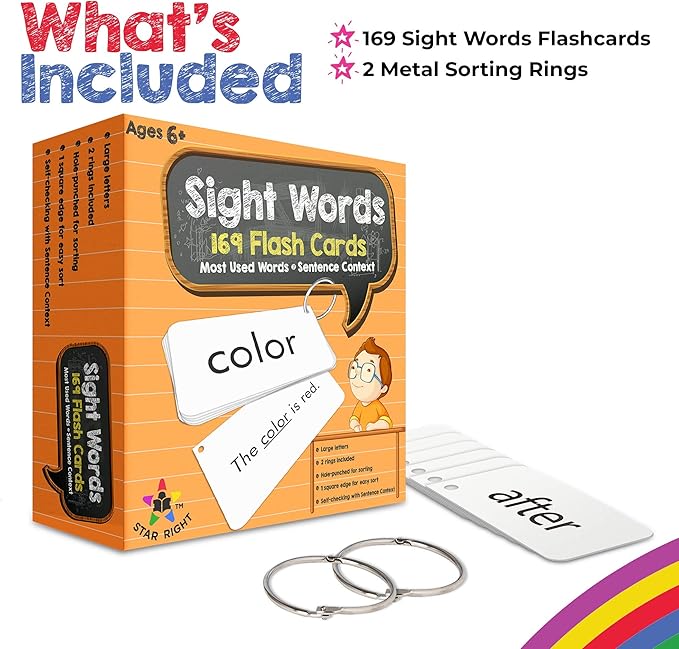 Star Right Education Sight Word Flash Cards, 169 Sight Words and Sentences with 2 Rings