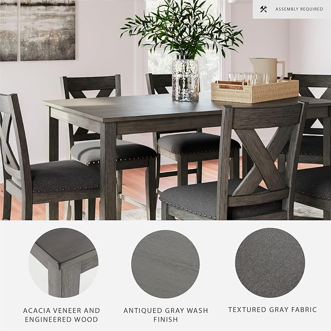 Signature Design by Ashley Caitbrook Casual Counter Height Dining Table and Upholstered Bar Stools with Nailhead Trim, Set of 7, Gray